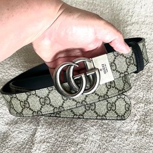 Gucci GG Marmont Belt, beige-ebony canvas & black leather reversible, GG buckle